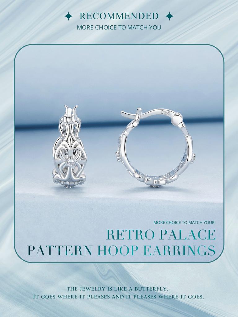 Bamoer 925 Sterling Silver Retro Palace Pattern Hoop Earrings Delicate Vintage Earrings For Women Fine Jewelry Party
