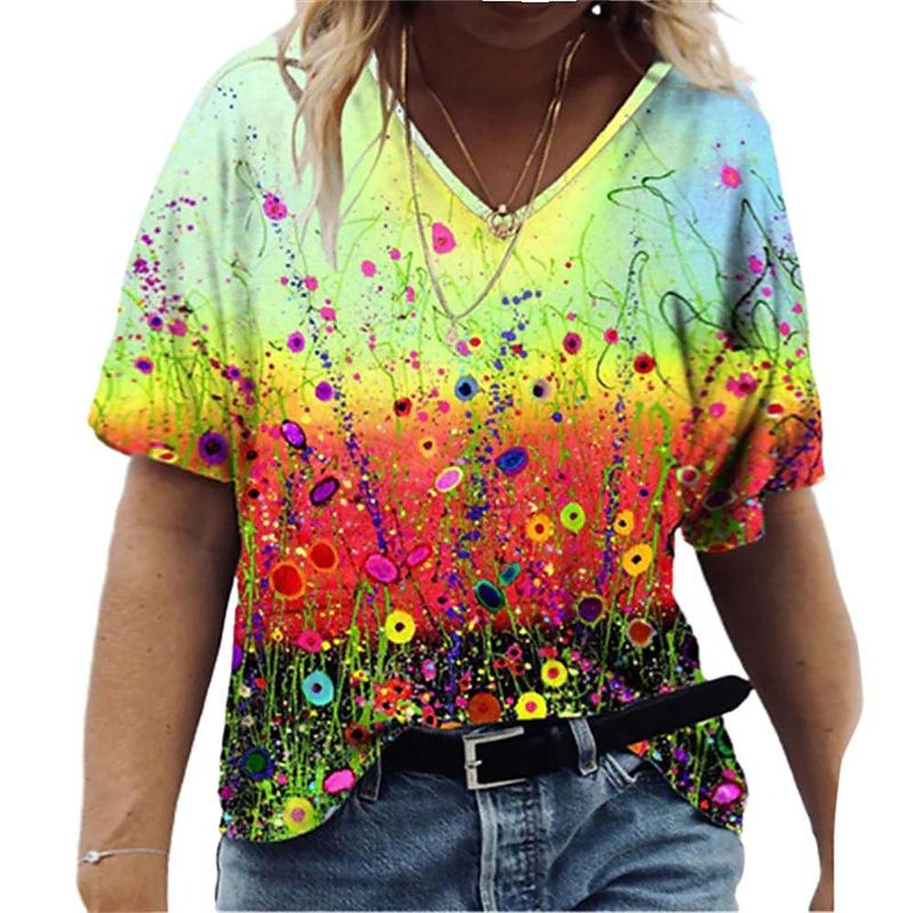 Женская футболка Летняя Градиентная Графическая Блузка V-образный вырез Модная Женская Ретро Одежда Цветочный Принт Свободная