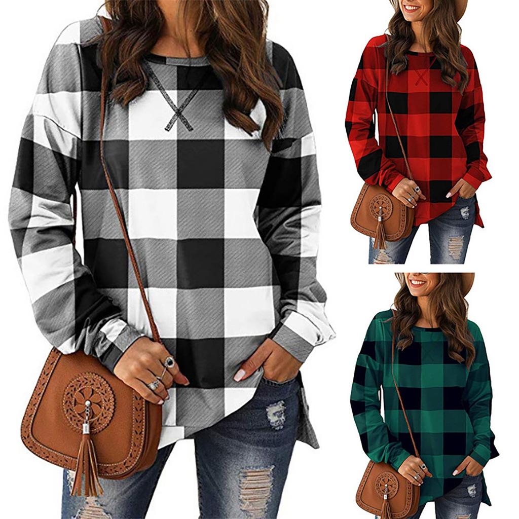 Women's Fashion Plaid Printed Hem Slit Long Sleeve Mid-Long T-shirt