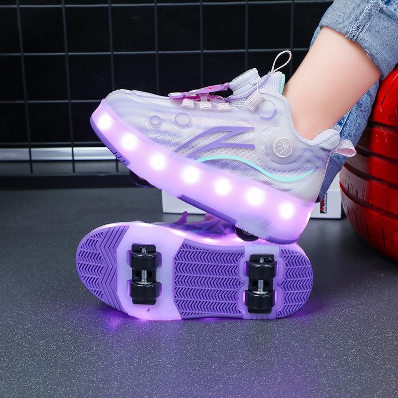 Четырехколесные новые сетчатые светодиодные прогулочные туфли с вращающейся кнопкой детские роликовые коньки обувь для девочек прогулочные туфли для мальчиков