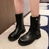Мода Осень Зима Новые Женские Ботильоны Новые 2024 Высокое Качество На Открытом Воздухе Однотонные Украшение Двойной Пряжкой Женские Сапоги