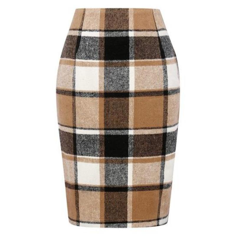 Женская весенняя юбка с высокой талией, клетчатый принт контрастного цвета, облегающая прямая, теплая юбка длиной до колена, зимняя юбка, женская одежда