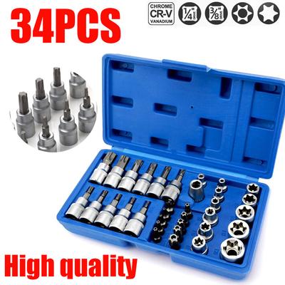 Набор из 34 головок Torx и звездообразных головок E-Torx 1/2”, 1/4”, 3/8” с приводом Male/Female E-Security, ручные ключи, ремонтный инструмент