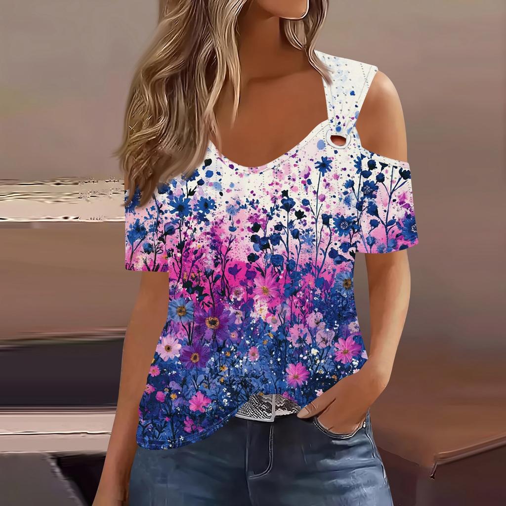 Sexy Cold Sholuder Tops For Women Summer Hollow Out Eyelet Short Sleeve Blouse Loose V Neck Tshirt Trendy Casual Tunics