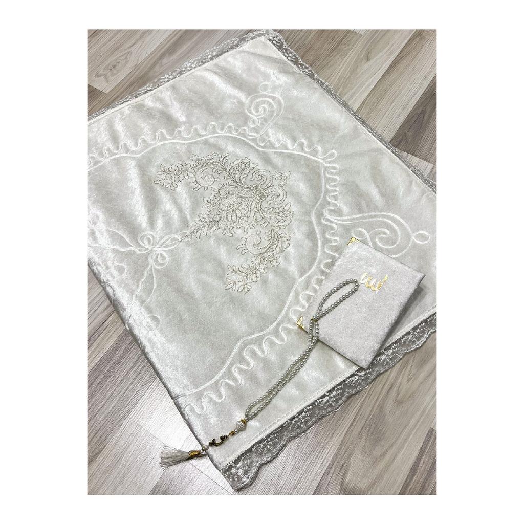 French Laced 3 Piece Embroidered Velvet Dowry Bridal Set Prayer Rug