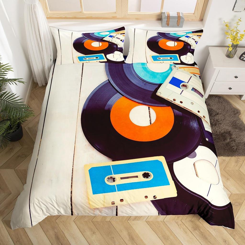 Cartoon Black Record Duvet Cover Set Retro Record Comforter Cover for Boy Girl Music Theme Bedding Set Queen King Duvet Covers