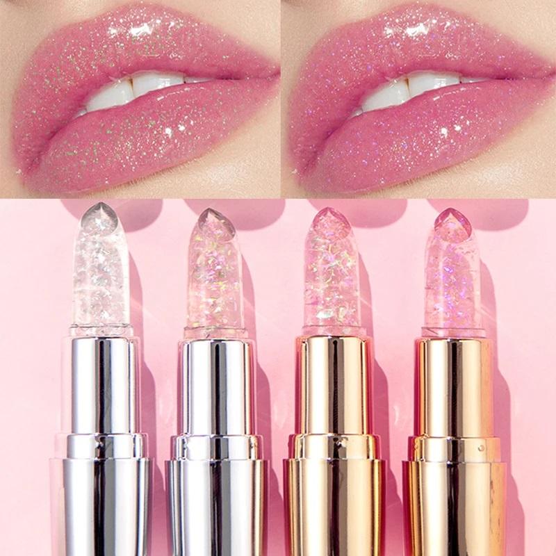 QIBEST Glitter Lipstick Lip Balm Change Transparent Moisturizing Crystal Jelly Pearlescent Lip Plumper Gloss Tint Cosmetic
