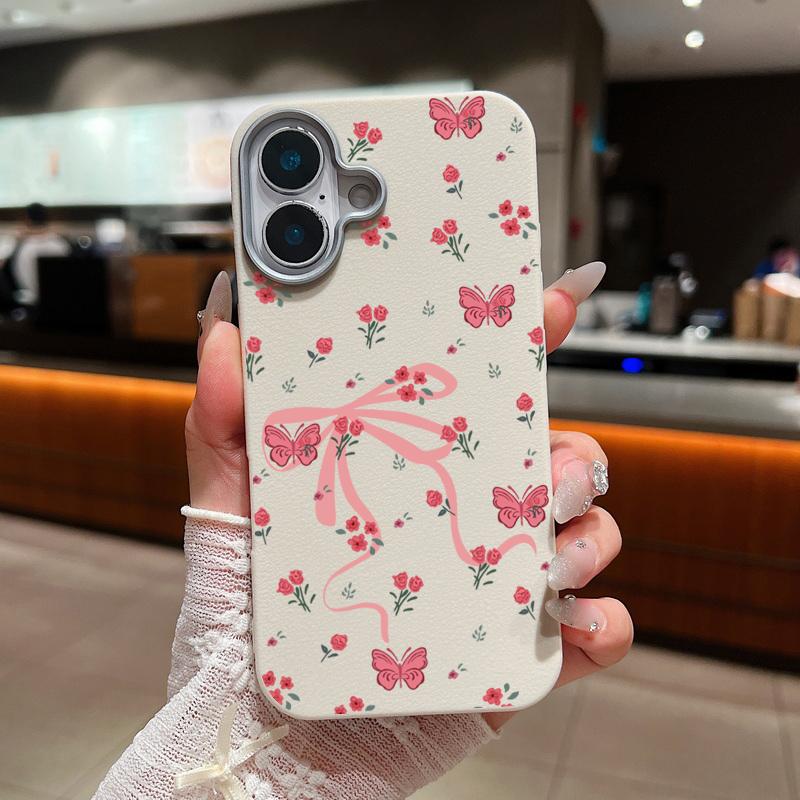 For iPhone 16 15 Pro Max 14 Pro 13 12 11 Case Bowknot Floral Print Slim TPU Leather Texture Soft Matte Shockproof Phone Cover