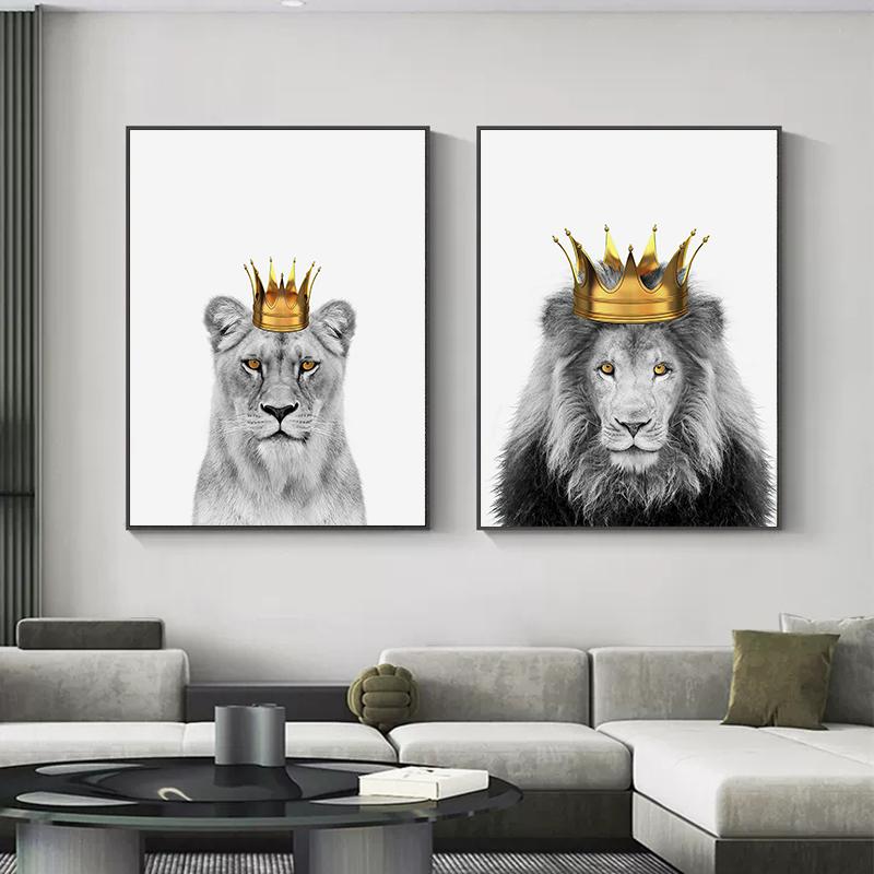 King Queen Lions Wear Crown Posters Canvas Painting Animal Nordic Wall Picture Print For Modern Living Room Home Decoration