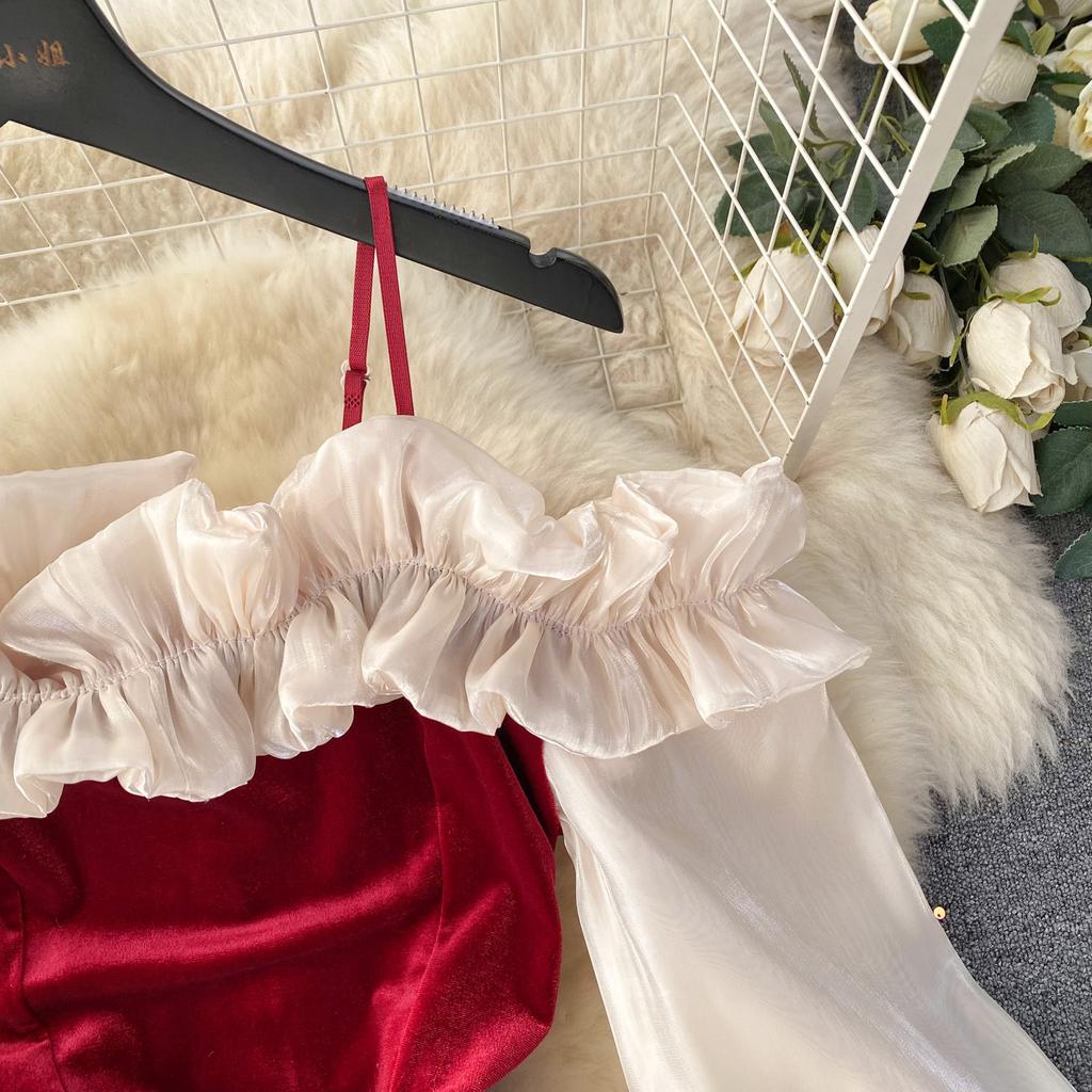 Elegant Ruffle Patchwork Velvet Dress Women Contrast Color Long Sleeve Split Evening Dresses Autumn Winter New Sweet Red Prom Clothes