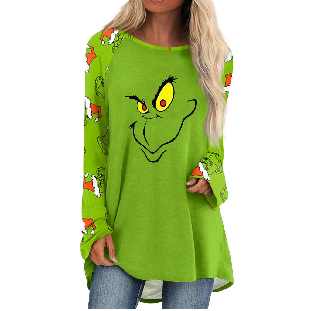 Женская мода, повседневная блузка с длинным рукавом и рождественским принтом, пуловер с круглым вырезом