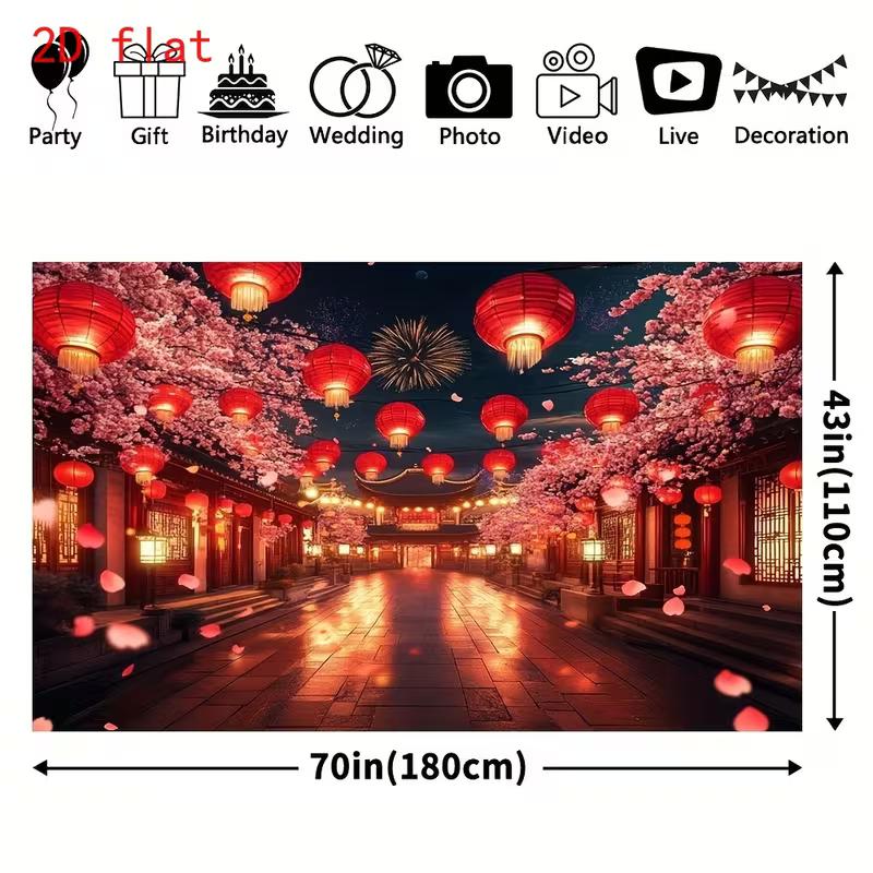 2D Lunar New Year Photography Backdrop with Traditional Architecture and Fireworks