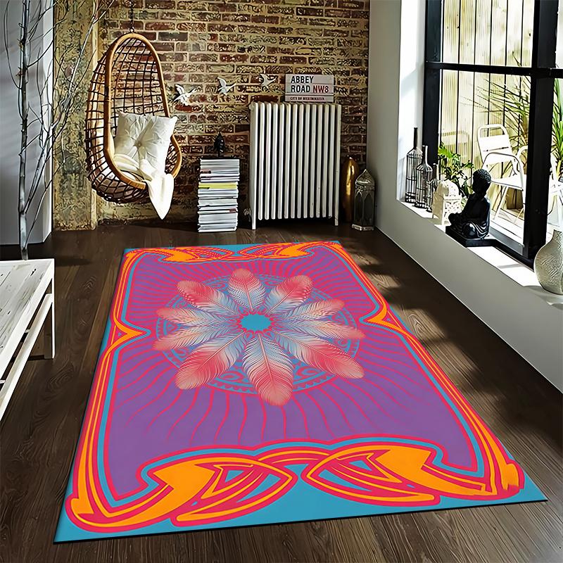 Bohemian Style Carpet with Feather Mandala Pattern in Vibrant Colors Suitable for use as an anti-slip for living room bedroom sofas