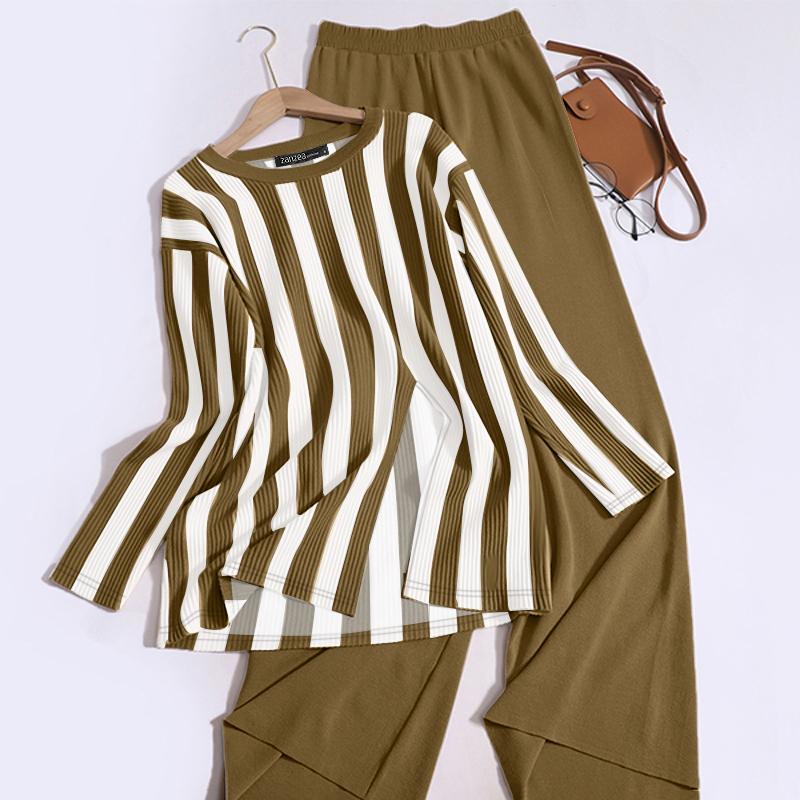 ZANZEA Женский осенний комплект из полосатой футболки с круглым вырезом и длинными рукавами и брюками
