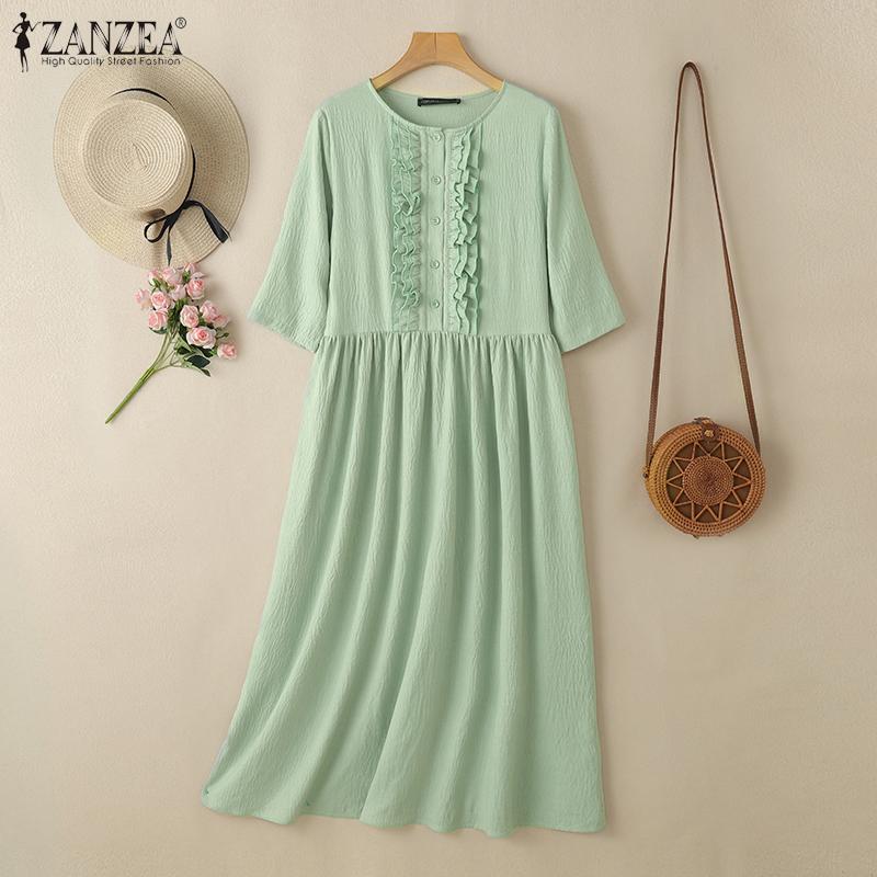 ZANZEA Женское повседневное платье с круглым вырезом, летнее, однотонное, с коротким рукавом