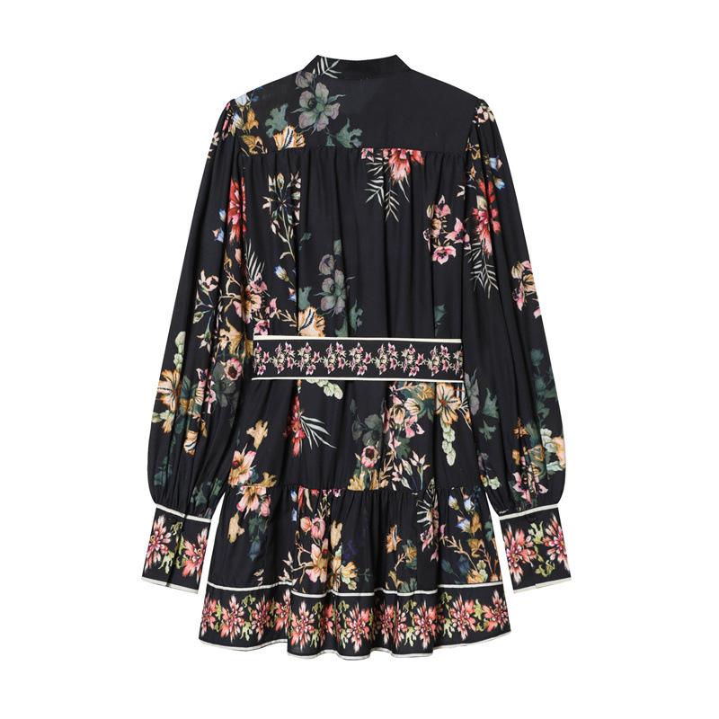 Spring 2026 European & American Style Women's Waist Tie Long Sleeve Printed Dress
