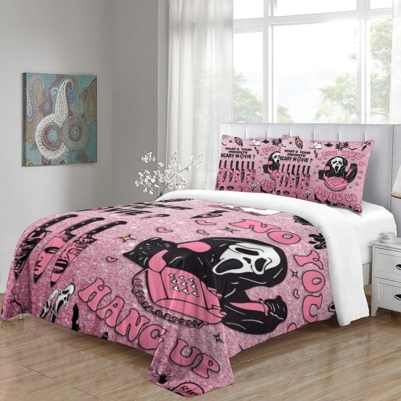 Halloween Bedding Set 3PCS Pink Cartoon Skeleton Comfortable Cover 'No You Hang Up' Funny Horror Ghost Design