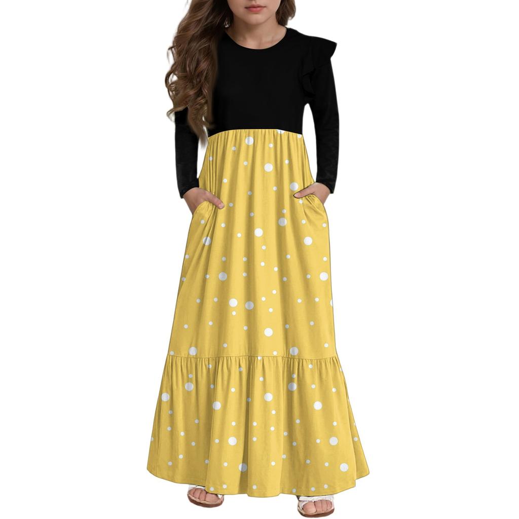 Girls' Tiered Ruffle Dress - Long Sleeve Printed Maxi With Pockets
