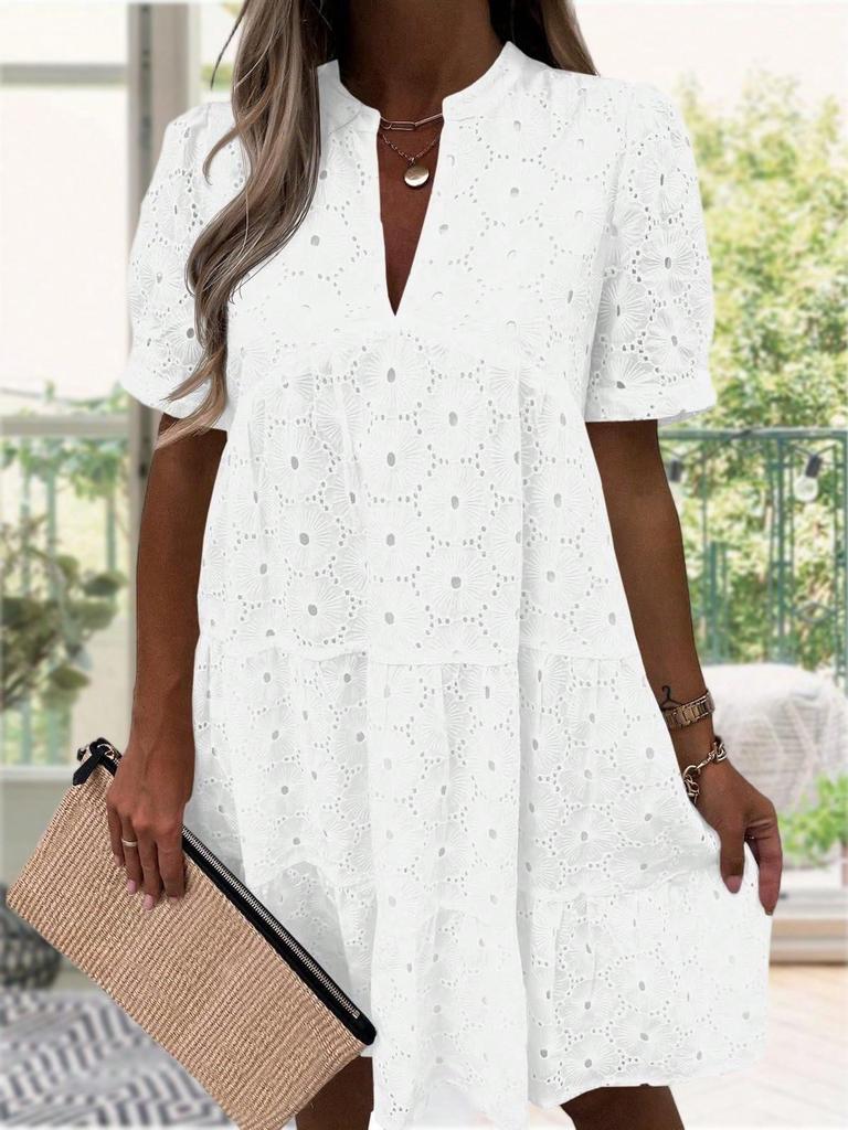 Women's Eyelet Lace Babydoll Dress Short Sleeve V Neck Flowy Summer Tunic Dress
