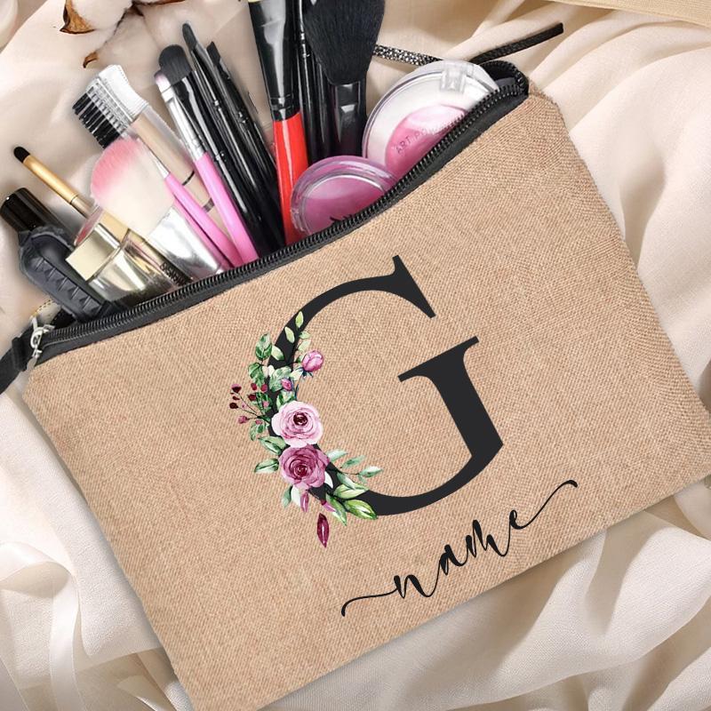 Linen Makeup Bag Customized Personalized Name Cosmetic Bag Bridesmaid Clutch Outdoor Travel Beauty  Bachelor Party Lipstick Bag
