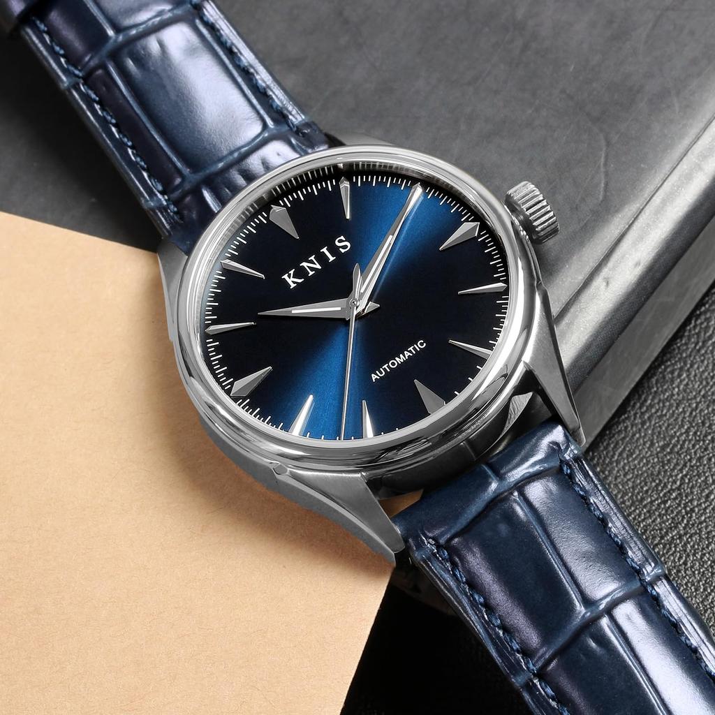 KNIS Varnish Сделано в Японии Автоматические часы Сапфировое стекло 10 АТМ Водонепроницаемость Механические Темно-синие Кожаные мужские KN001-BLBLLE