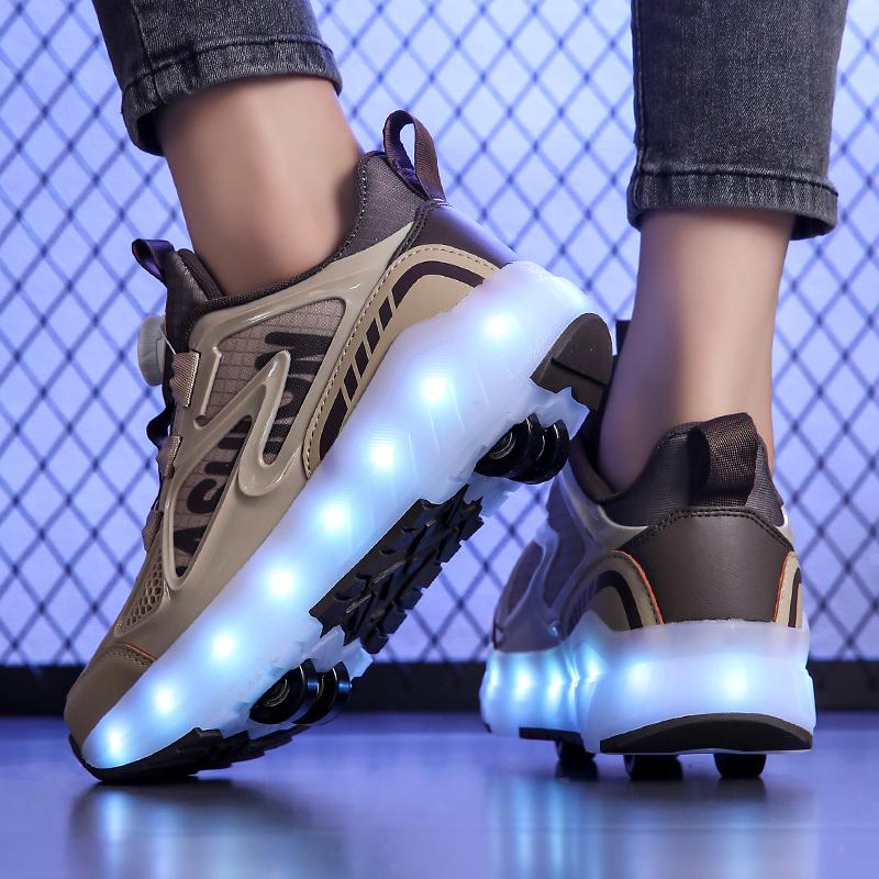 29-40 Мальчики Четырехколесные Кроссовки Съемные Туфли на Плоской Подошве Перезаряжаемые USB Светящиеся Спортивные Легкие Туфли Девочки Роликовые Коньки Обувь для Мальчиков