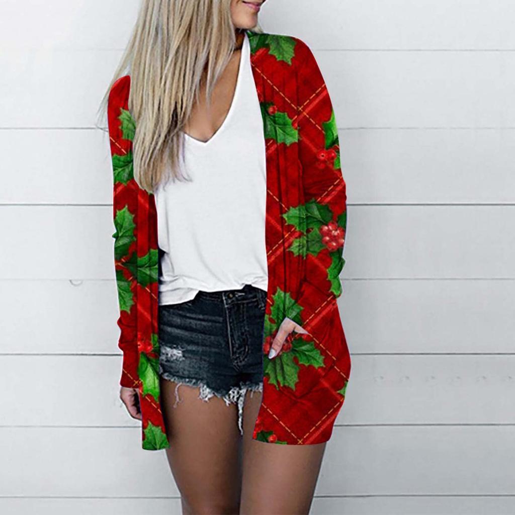 Женская мода, свободный повседневный карманный кардиган с рождественским принтом, куртки, топы