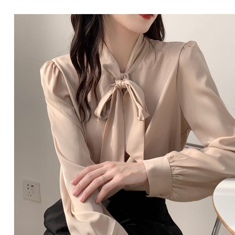 Модная элегантная женская рубашка с длинным рукавом и галстуком-бабочкой, весна-осень, свободная повседневная простая блузка больших размеров для офиса, женская одежда 2024 года, новая однотонная одежда 2585