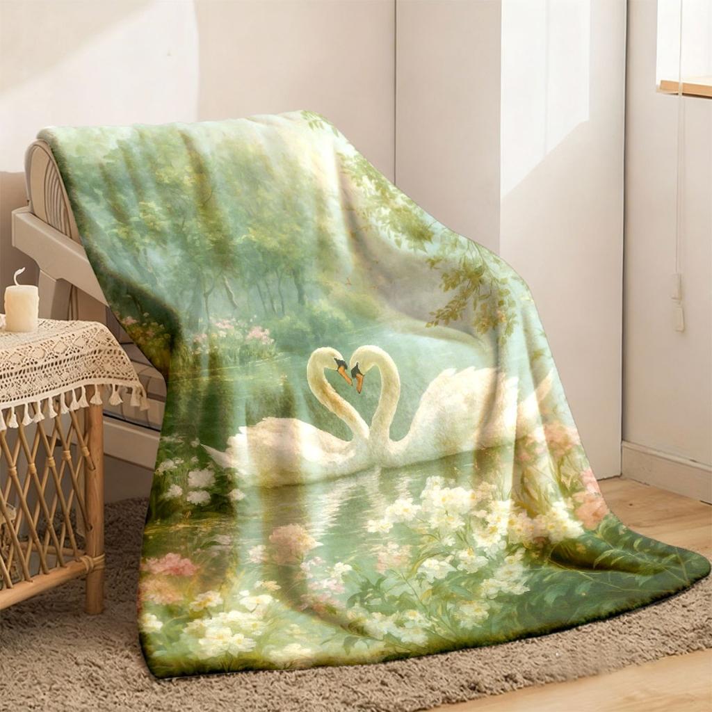 Swan Lake And Floral Garden Flannel Throw Blanket Soft Pastel Pink White Green Gray Beige Elegant Sofa for Living Room Room Guest