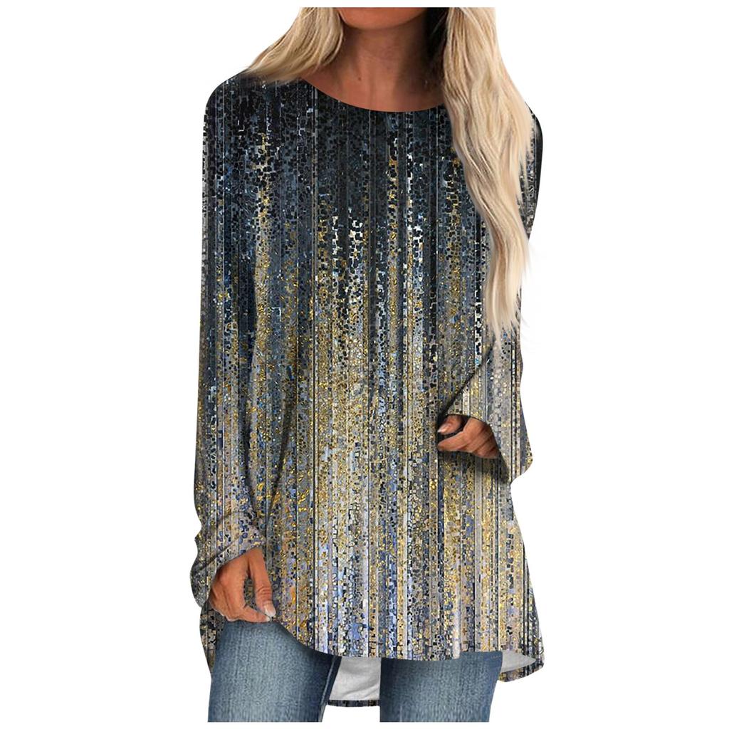 Женский модный повседневный топ с круглым вырезом и длинным рукавом средней длины с цветочным принтом