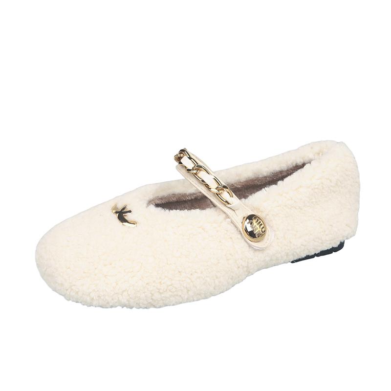 Fashion Aphixta Metal Chain Dec Slip On Flats Soft Fleeces Shoe Shallow Furry Flat With Women Loafers Slip On Warm Winter Casual Shoes