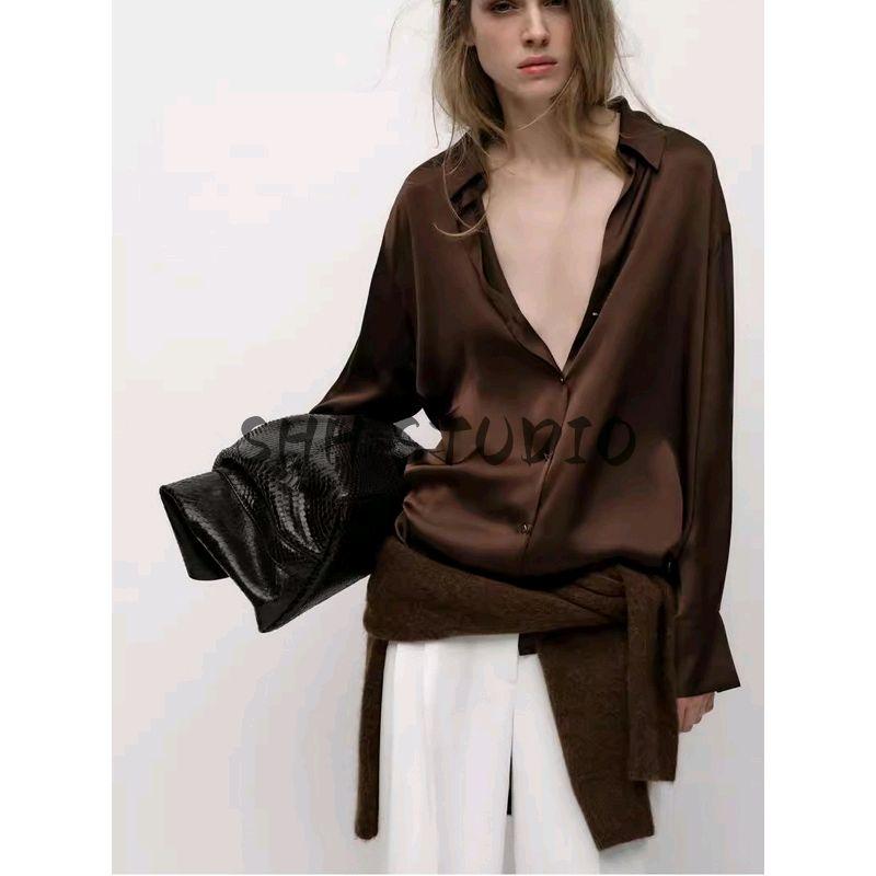 Spring New Women's Clothing French Style Retro Lapels Long Sleeves Minimalist Easiest for Match Silk Satin Textured Shirt 2074580