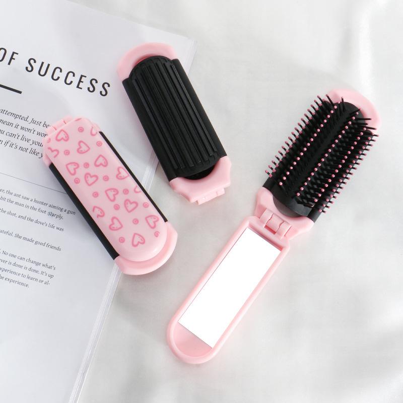 BEPAN Portable Folding Hair Comb Smooth Hair Cute Cartoon Print Air Cushion Combs 2 in 1 Integrated Comb and Mirror Massage Comb