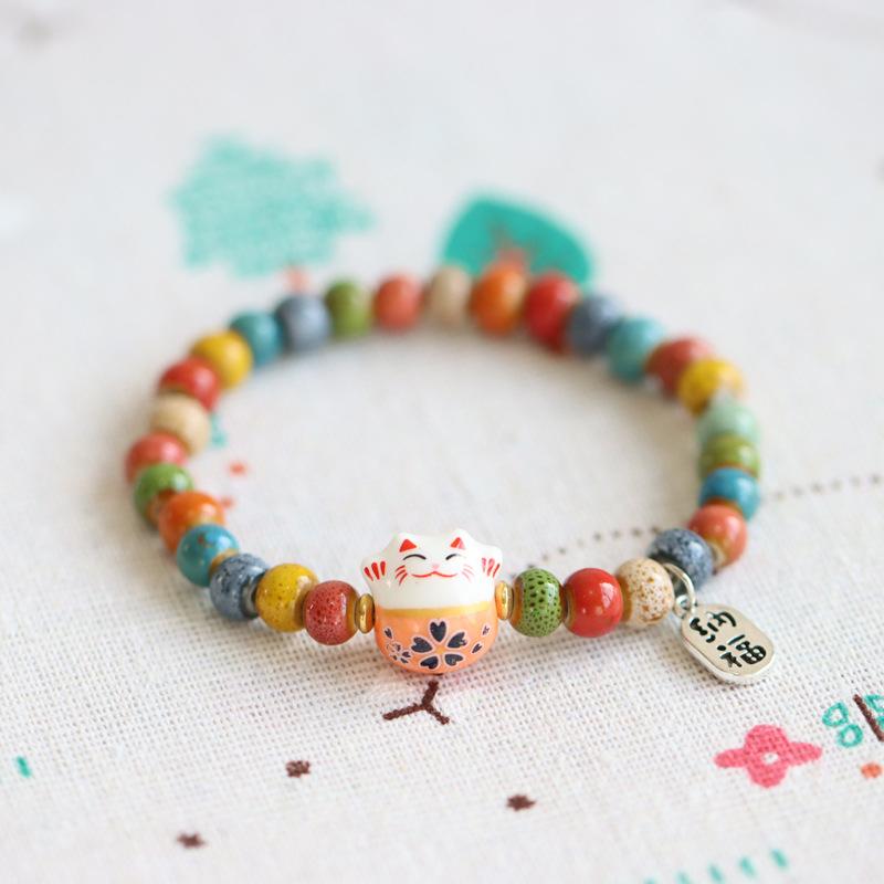 Милый браслет Lucky Cat для девочек, регулируемые цветные браслеты из бисера