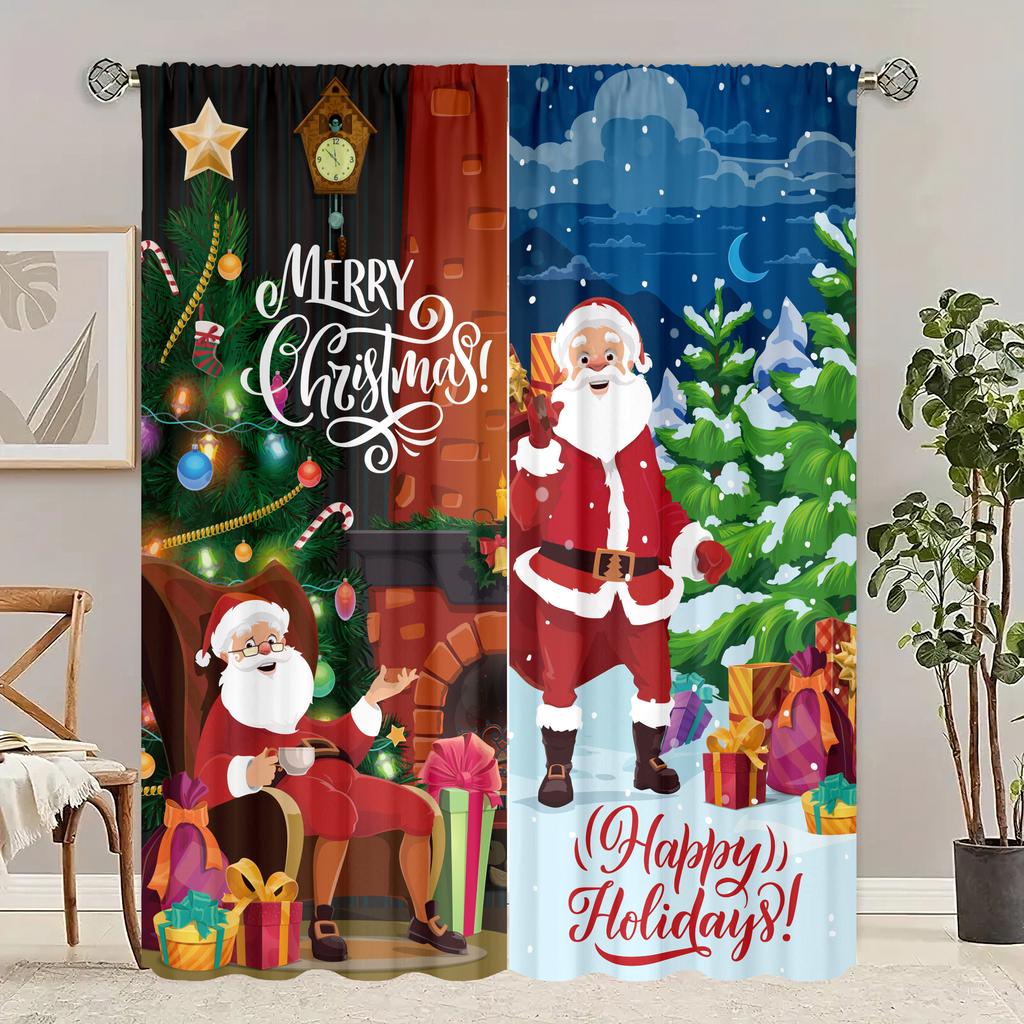2 Pieces of Santa Claus Christmas Tree Printing Curtain - Polyester Material - Suitable for Bedroom Living Room Study Room Priva