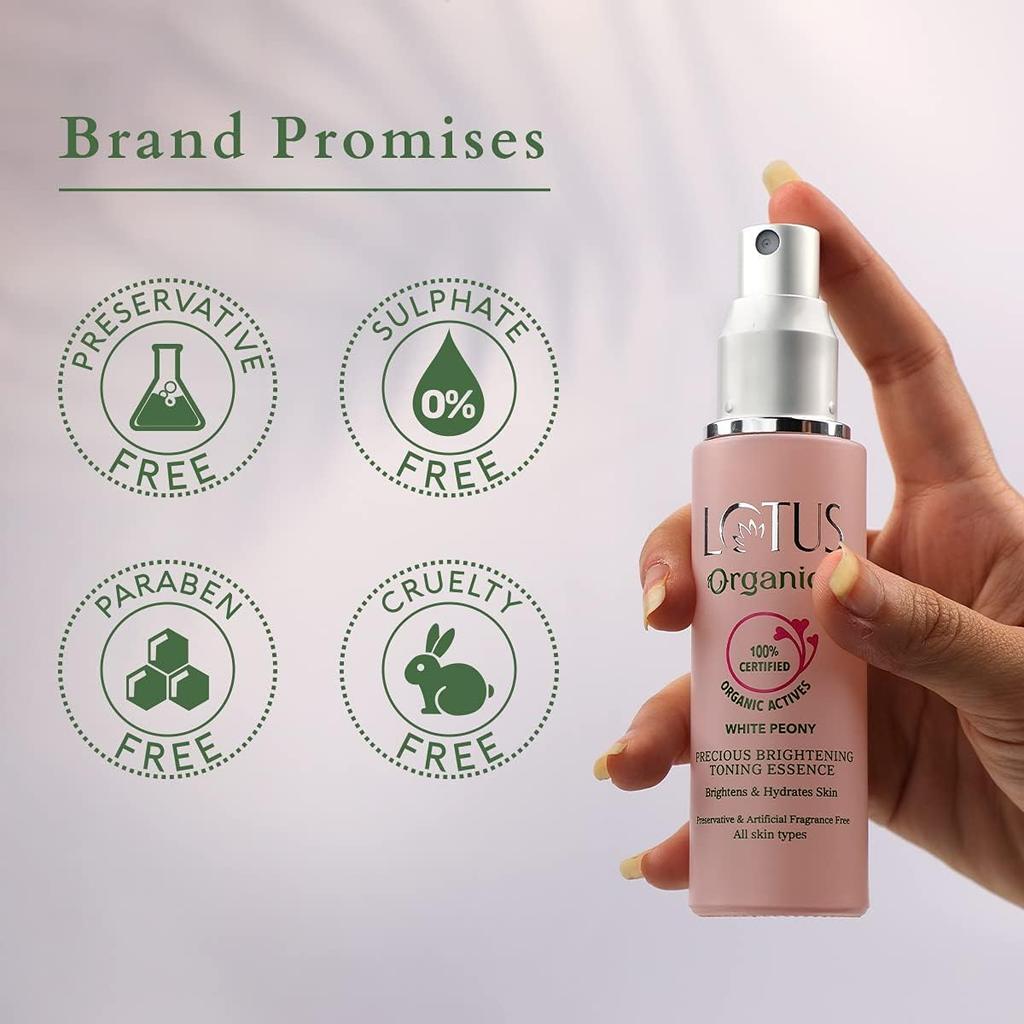 Lotus Organics+ Осветляющая тонизирующая эссенция «Драгоценная» | 100% сертифицированный органический белый пион | Минимизирует поры и восстанавливает pH-баланс кожи | Без сульфатов и