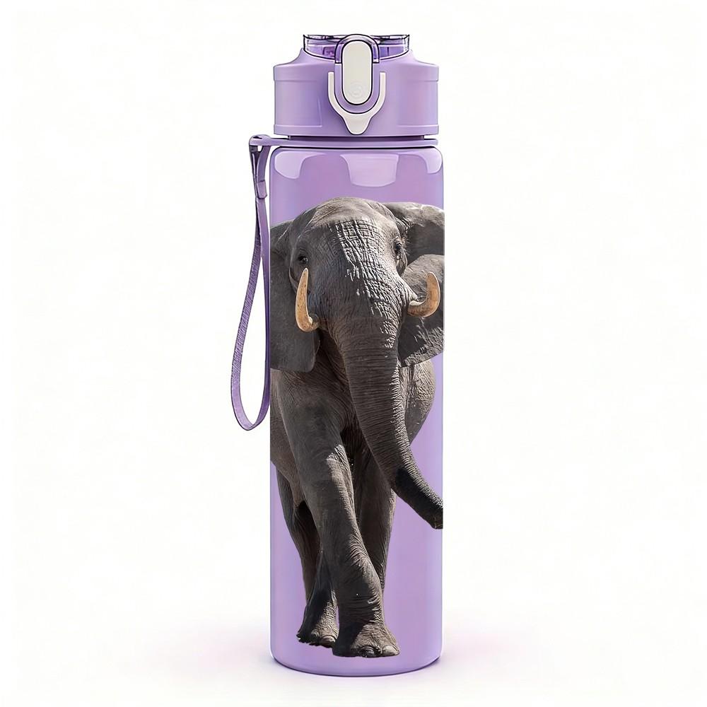 1PC Grey Elephant Wild Animal Print 750ml Color Plastic Sports Water Bottle Leakproof Flip Straw Lid Suitable for Sports Office Home Use