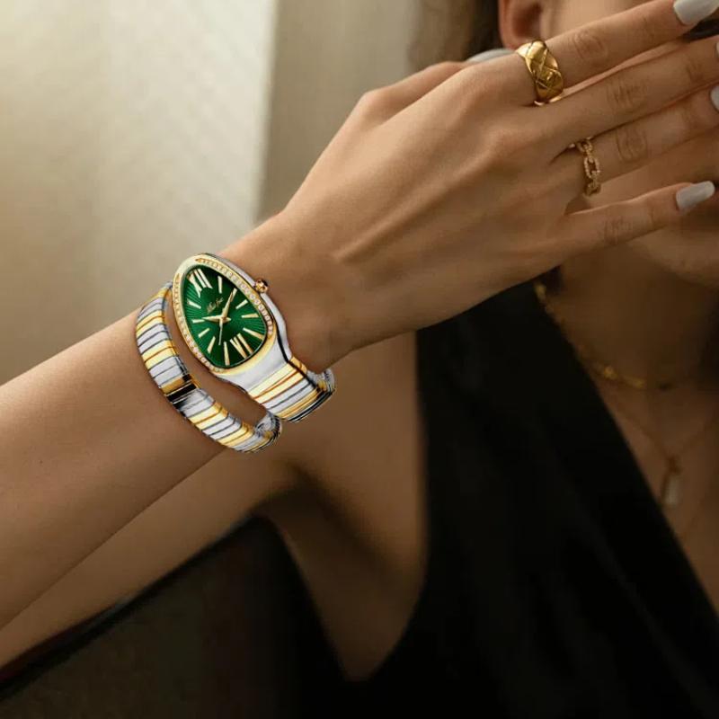MISSFOX Креативные и персонализированные женские часы в форме браслета в форме змеи, роскошные маленькие зеленые часы Niche Light, инкрустация бриллиантами