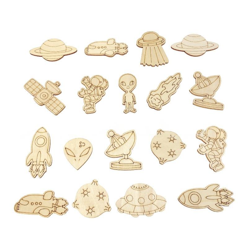 50pcs Space Theme Unfinished Blank Wooden Slices Astronaut Spacecraft Satellite Planet Crafts to Paint Wood Cutouts