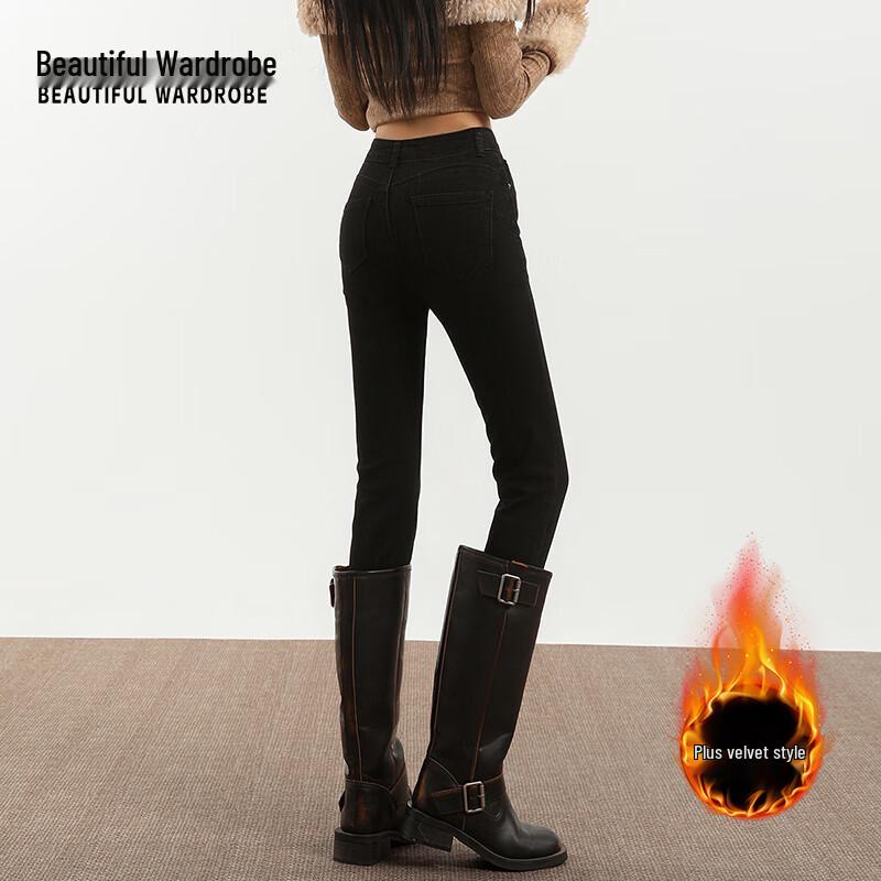 Женские ретро джинсы скинни с высокой посадкой и флисовой подкладкой