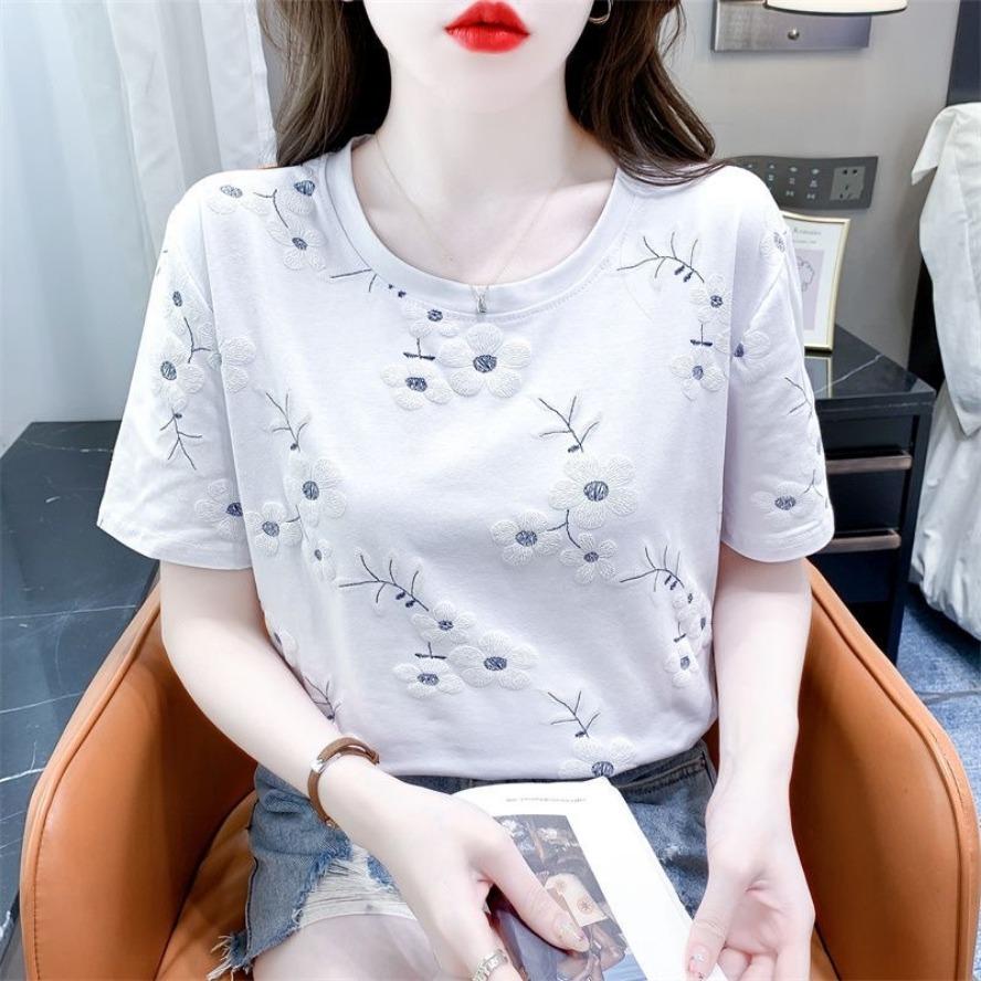 YYFS Женские модные повседневные летние весенние блузки и рубашки с цветочным узором и коротким рукавом с круглым вырезом