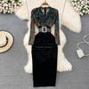 Autumn New Style of Celebrity Temperament V Neck Bronzing Printing High Waist Fold Stitching False Two Bag Hip Dress
