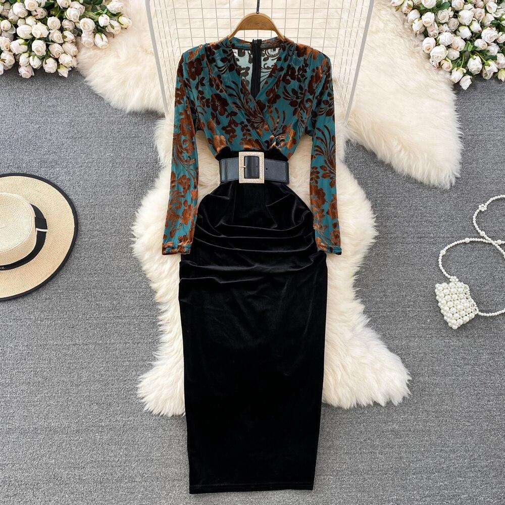 Autumn New Style of Celebrity Temperament V Neck Bronzing Printing High Waist Fold Stitching False Two Bag Hip Dress