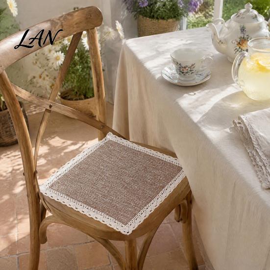 Durable Kitchen Chair Pad Cotton Linen with Ties, Square Summer Seat Lace Breathable Office Mat Trim, 15.75" x Washable for Dining Solid Wood