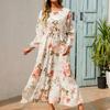 Женская весна-осень с круглым вырезом и длинным рукавом, тонкая эластичная талия, длинное платье с цветочным принтом, одежда с рюшами