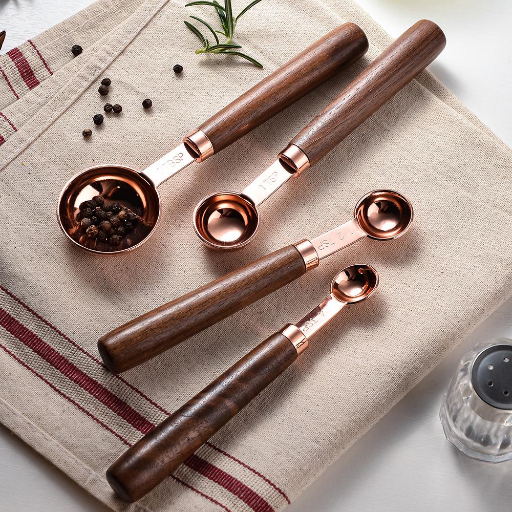 Набор из 8 предметов: мерные чашки и ложки из нержавеющей стали с деревянными ручками