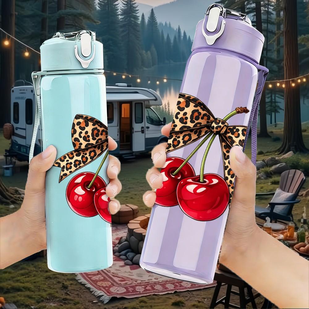 1PC Bow Decor Red Cherry Fruit Print 750ml Color Plastic Sports Water Bottle Leakproof Flip Straw Lid Suitable for Sports Office Home Use