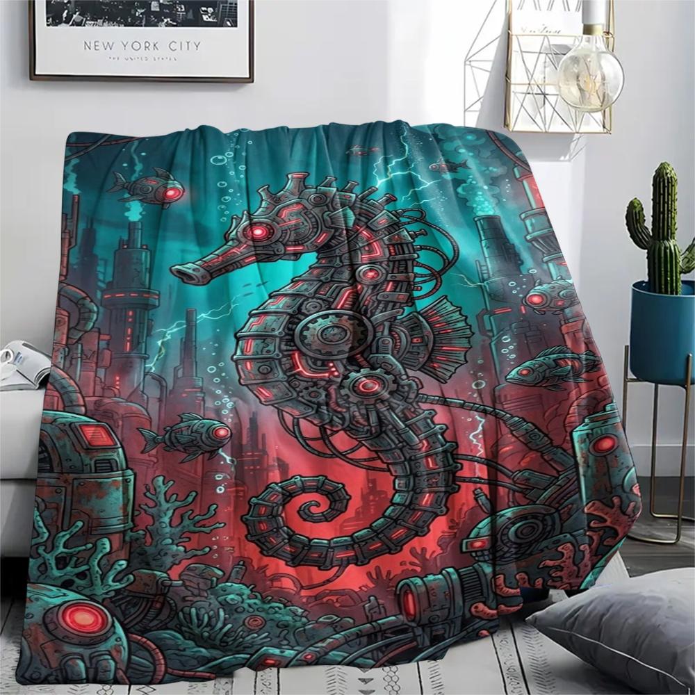 Red mechanical squid seahorse Print Flannel Blanket,High quality Comfortable for All Seasons,Home Decor,Warmth and Comfort,Perfect for Christmas Gifts