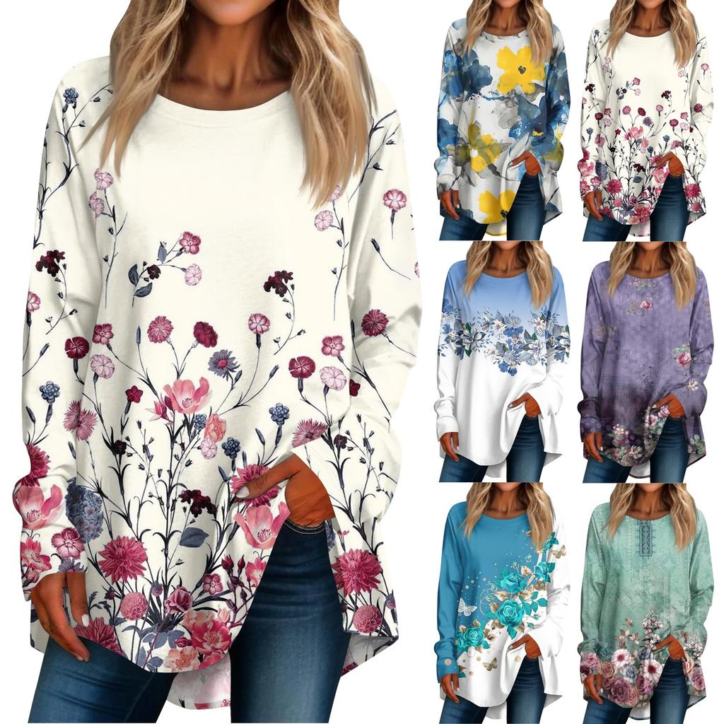 Women's Casual  Plus Size Long Sleeved Round  Printed T-shirt Top Pullover