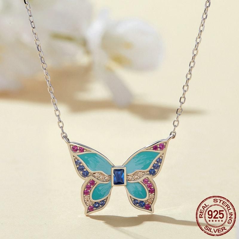 S925 Sterling Silver Colorful Butterfly Pendant Necklace Insect Neck Chain for Women Birthday Gift Fine Jewelry